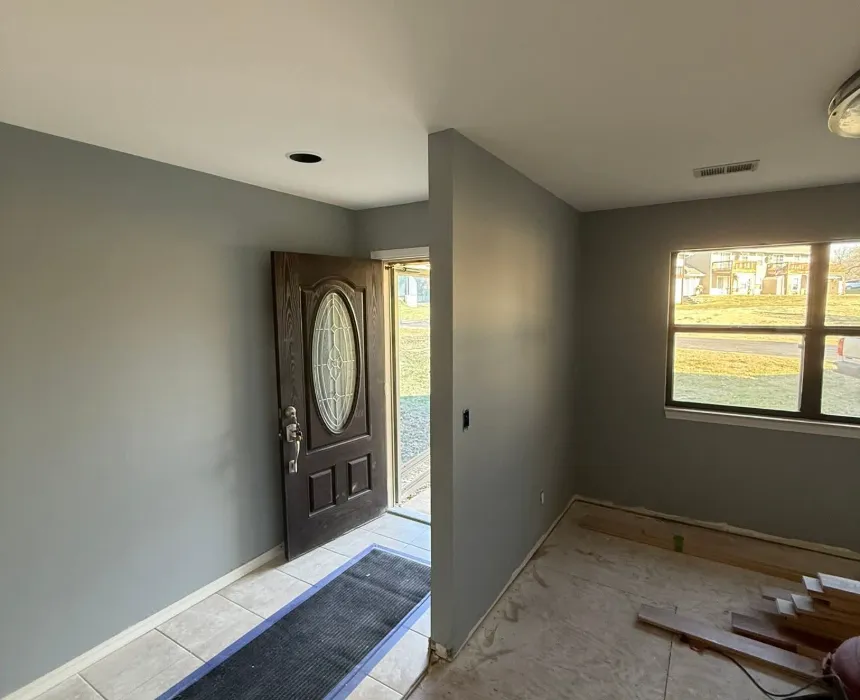 Gray-painted entry with a stained front door and white trim in a newer Brighton home